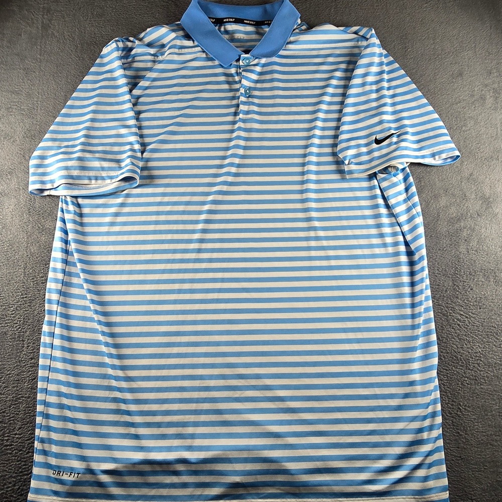 Nike Golf Dri-FIT Polo Shirt Mens Large Blue White Striped Short Sleeve Swoosh